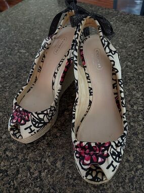 Coach Cream Peep-Toe Wedge Sandals with Black Script & Pink Floral Accents